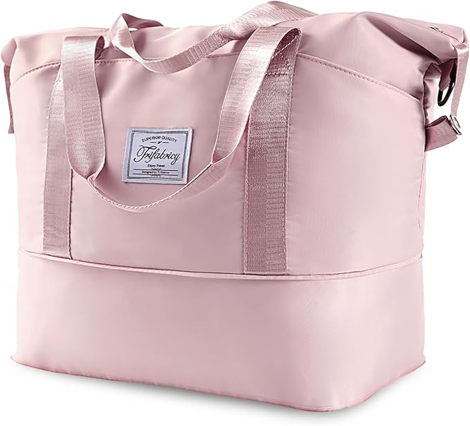 Travel Duffel Bag - Large Shoulder Weekender Overnight Bag, Carry on Bags with Wet Pocket, Waterproof Expandable Duffel Bags with Trolley Sleeve for Sports Travel Gym, Pink