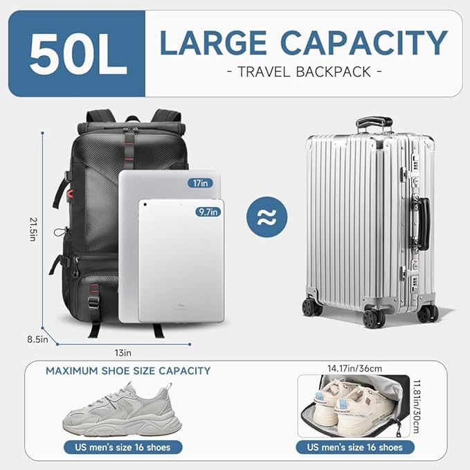 SWICKY Carry on Travel Backpack, 40L-50L Laptop Backpack with Shoes Compartment USB Charging Port, Flight Approved Convertible Large Duffle Luggage Bag Backpack Fit 17.3 Inch Laptops for Men Women
