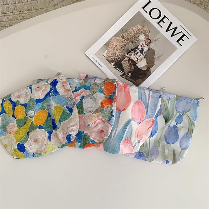 PAZIMIIK Floral Makeup Bag Large Cotton Zipper Pouch for Purse Travel Canvas Make Up Organizer for Women Cosmetic,Tulip Purple
