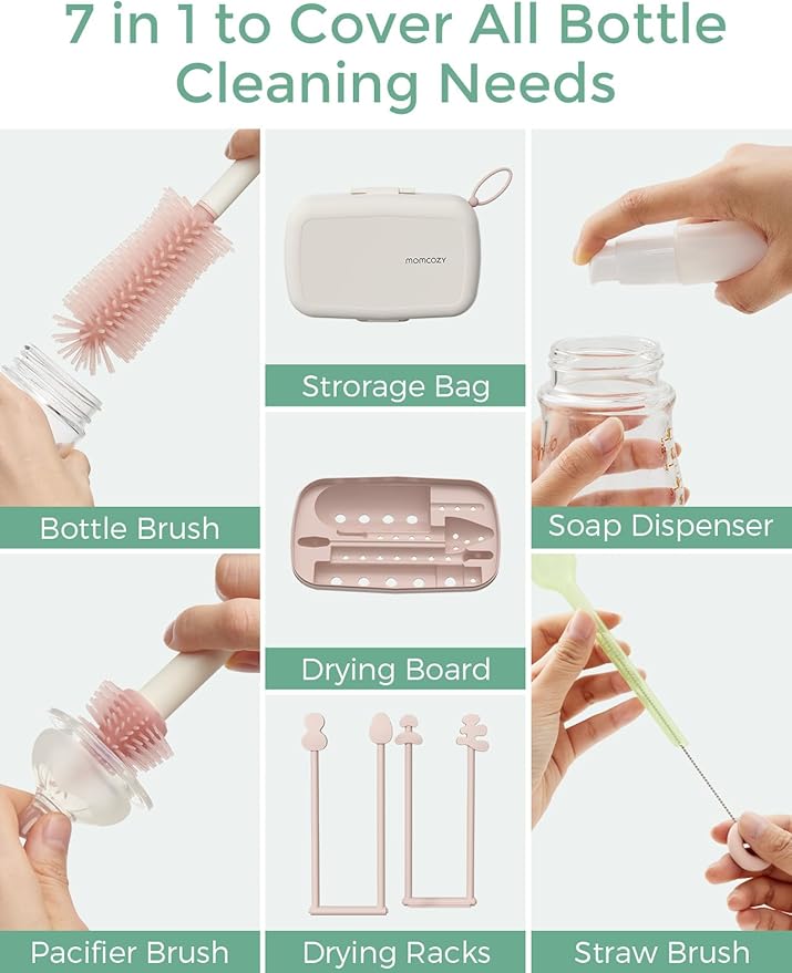 Momcozy 7-in-1 Baby Bottle Cleaner Kit with Silicone, Nipple & Straw Brushes, Soap Dispenser and Drying Rack - Portable Cleaning Tool for Home and Travel, Pink