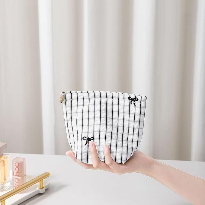 HAPPYHEIDI Makeup Bag Set for Organizing and Traveling, White Checkered Nylon Pouch, Plaid, Zipper Closure, Large 10.2x7.8 Inches