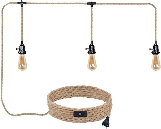 3 Light Plug in Pendant Lights Cord Hanging Lamp Kit | 22 Ft Long Hemp Rope Farmhouse Pndant Light Cord Lighting Fixture Kits DIY Hanging Light
