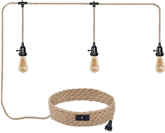 Triple Plug in Pendant Lights with Cord Hanging Lamp Kit with Switch 23 Ft Long Hemp Rope Farmhouse Pndant Light Cord Lighting Fixture Kits DIY Hanging Light