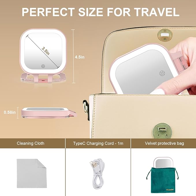 Mocado Compact Travel Makeup Mirror, 1X/10X Magnifying Mirror with Light, Double Sides Compact Mirror with 3 Color Light, Dimmable Handheld Mirror, Rechargeable Travel for Purse,Pocket(Pink)