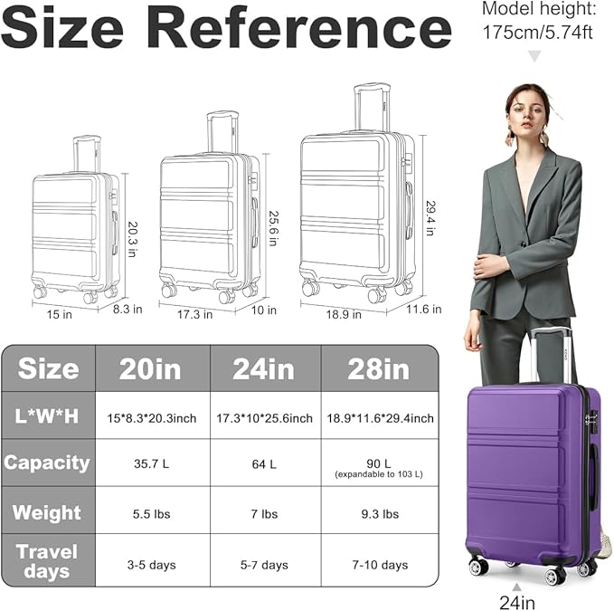 Kono 24 Inch Luggage Suitcase with Spinner Wheels TSA Lock Lightweight PC+ABS Hardside Medium Checked Luggage Durable Rolling Suitcase Purple