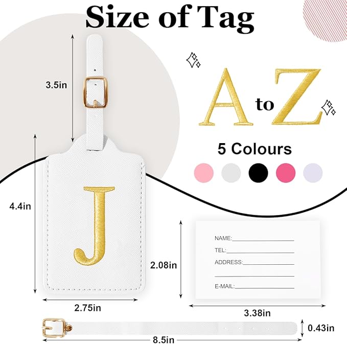Personalized Initial Luggage Tags for Suitcases,Leather Letter Cute Luggage Tags with Privacy Name Card,Embroidered Monogrammed Travel Bag Backpack Tag Gifts for Women Kids Girls Teens(White-J)