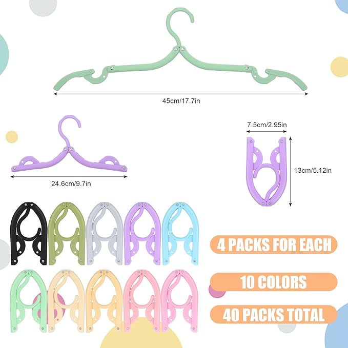 40 Pcs Folding Hangers - Colored, Portable, Foldable for Travel & Home Use, 10 Colors