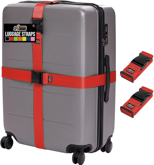 GORILLA GRIP Heavy Duty Adjustable Luggage Straps for Suitcases, Easy to Identify Travel Belt Connector Holds Suitcase Together, Extends Life of Bag, Strap Connects Two Bags, Accessories 2 Pack Red