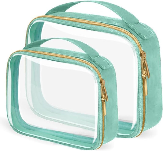 TSA Approved Travel Toiletry Bag,2 Pack Clear Makeup Bags with Handles,Quart Size Clear Cosmetic Bags for Traveling Women,Men,Carry on Airport Airline Compliant Bag,Green