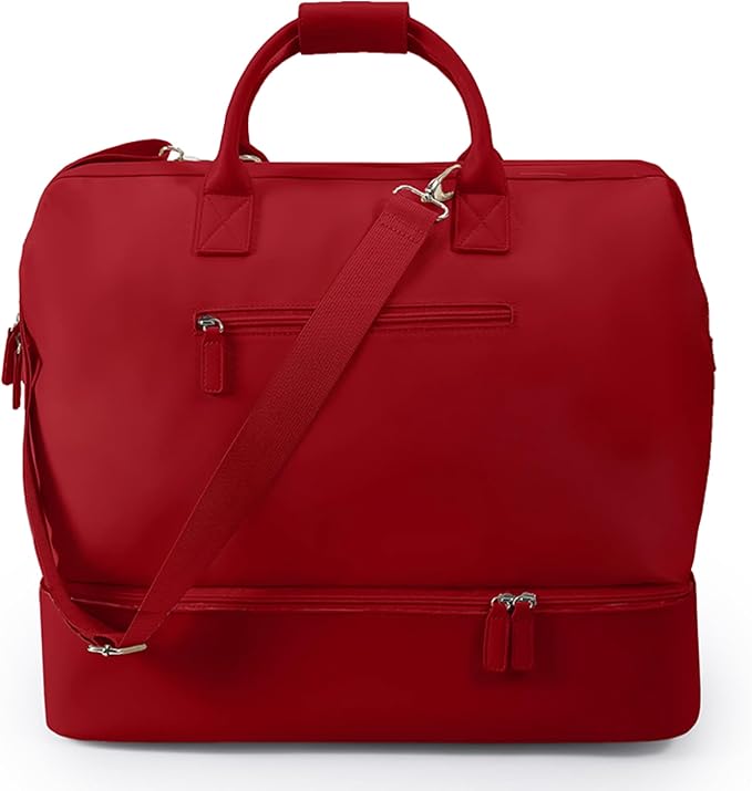 NOBL Travel Weekender Bag for Women & Men, Large Duffel Carry-On Tote with Trolley Sleeve, Separate Shoe Compartment & Laptop Pocket, Leather Overnight Bag for Airplane, Gym, Road Trips - Cherry Red