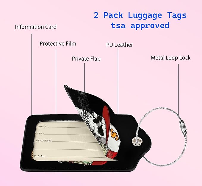 Luggage Tags for suitcases 2 Pack Skull Luggage Tag Leather Stainless Steel Loop Label Tag for Men Travel Bag Suitcase Skeleton