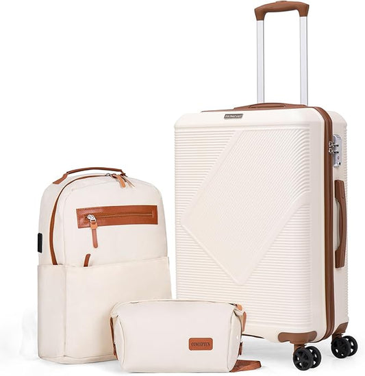Luggage Sets 3 Piece, 20 Inch Carry On Suitcases With Spinner Wheels, Lightweight Travel Luggage With TSA Lock, ABS Hardshell Suitcase (White)