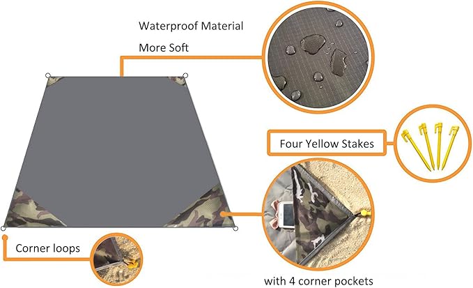 Pocket Blanket 71"x55", Lightweight Compact Sandproof Waterproof Outdoor Blanket for Beach, Hiking, Camping, Travel, Festivals, Picnic with Pockets, Loops, Stakes, Carabiner