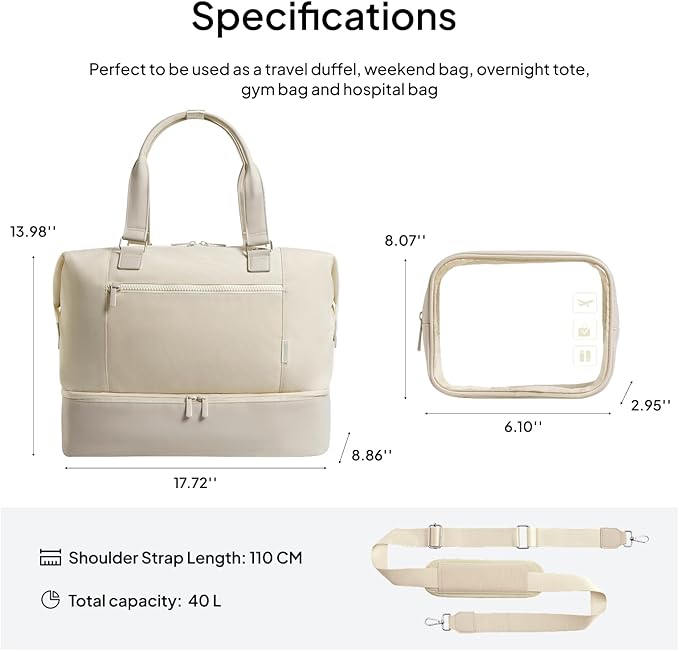 Travel Duffle Bag for Women, 40L Weekender Bags Airline Approved Carry On with Shoe Compartment & Waterproof Wet Pocket, Durable Nylon Weekender Overnight Bag for Travel, Gym, Business Trip, Beige