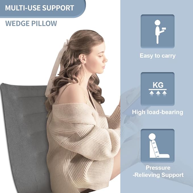 Inflatable Wedge Pillow for Travel and Home, Portable Bed Wedge for Back Support and Leg Elevation, Lightweight Triangle Pillow for Sleeping, Reading, and Camping, 22.4x22.83x7.48 Inches, Gray