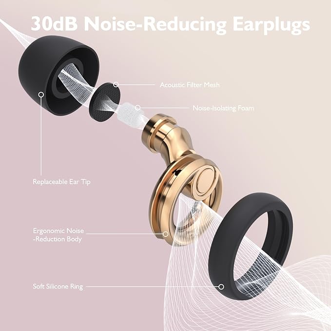 Ear Plugs for Sleeping Noise Cancelling - Reusable Silicone Earplugs for Concert, Motorcycle, Sports and Festivals, 30dB Noise Reduction, Washable Hearing Protection - Gold