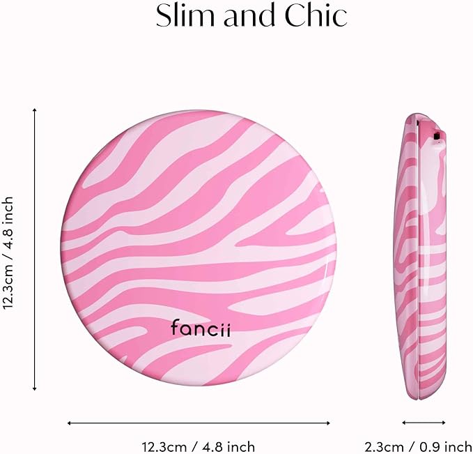 Fancii Taylor LED Lighted Travel Makeup Mirror, Rechargeable, 10x /1x Magnifying, Tru-Glow Lighting System, XL Large 5” Wide | Compact Mirror for Purses (Blush Zebra)