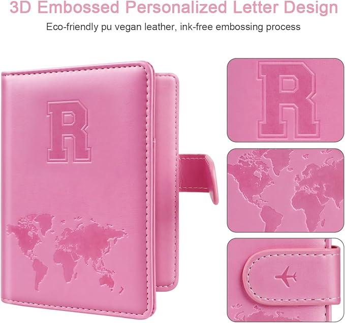 Passport Holder Cover Initail Letter A-Z Travel Wallet Embossed Design RFID Blocking Card Holder Personalized Gift Passport Cover Wallet, Passport Book Holders for Women and Girls, Pink-R