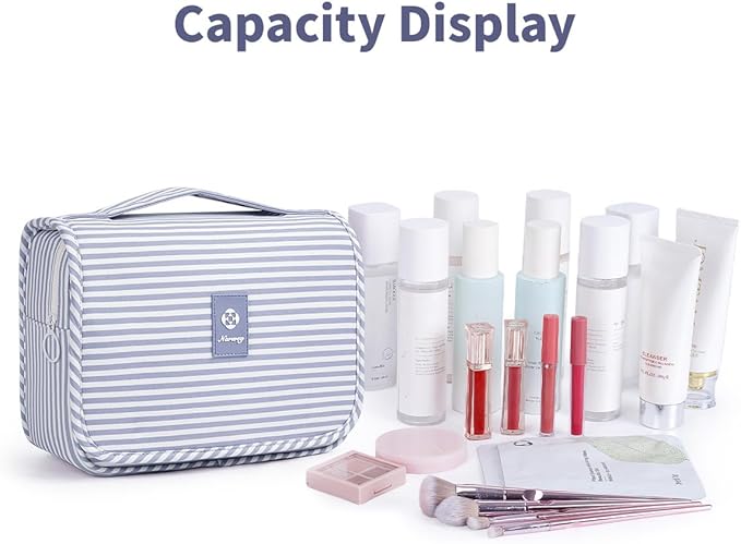 Narwey Small Hanging Toiletry Bag for Travel Women Girl, Striped Toiletries Travel Bag with Hook, Hanging Makeup Bag Organizer Make Up Cosmetic Bags (Greyish Blue Stripe)