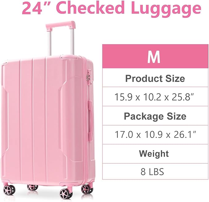 28 Inch Checked-Large Luggage, Lightweight ABS Hard Shell Suitcase with Spinner Wheels, Expandable Travel Luggage with Combination Lock & Side Hooks for Men Women (Pink., 24)