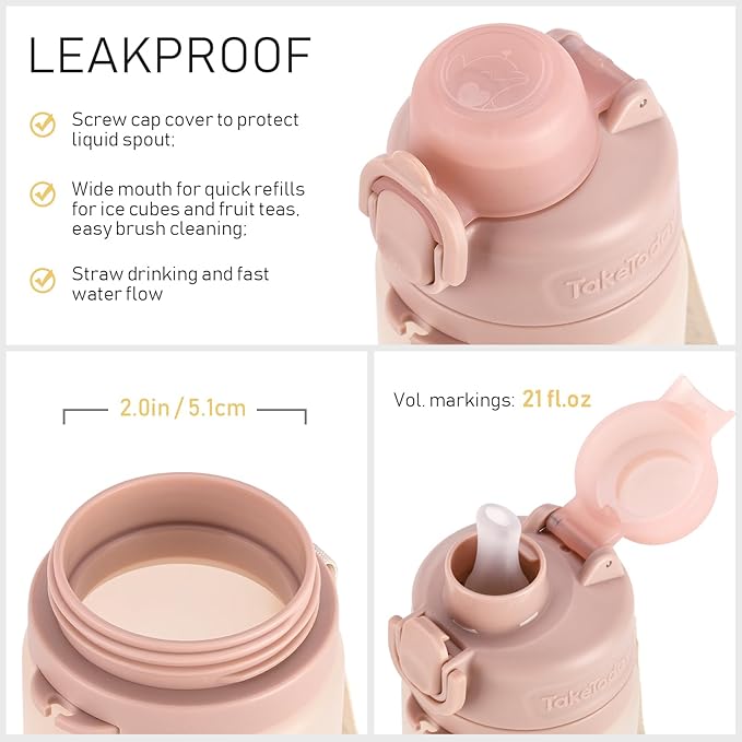 TakeToday Collapsible Water Bottles 21oz (600mL), Foldable Platinum Silicone Travel Water Bottle with Straw & Carry Strap, Leak-Resistant Screw Lid, Wide Mouth, BPA-Free for Hiking, Camping, Travel