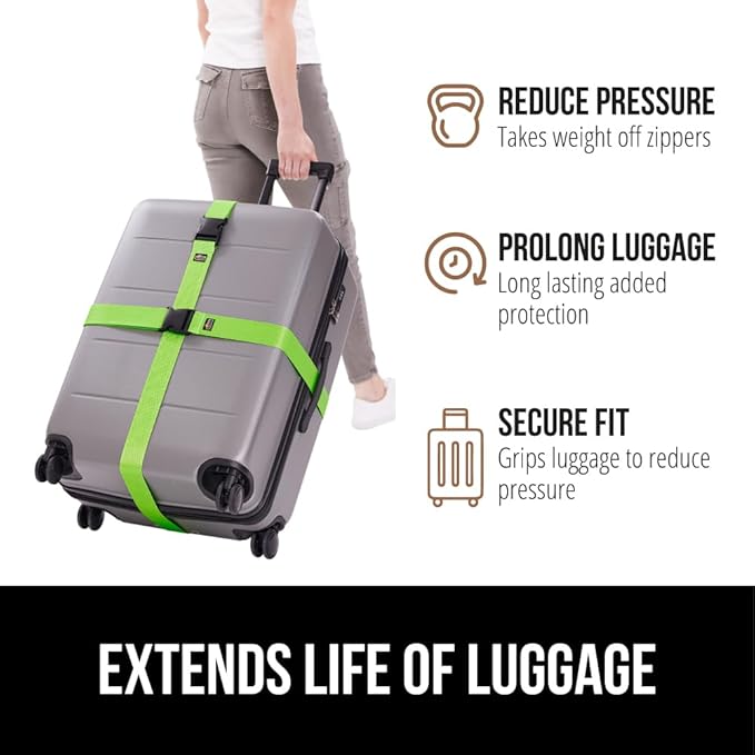 GORILLA GRIP Heavy Duty 8 Pack Adjustable Luggage Straps for Suitcases, Easy to Identify Travel Belt Connector Holds Suitcase Together, Extends Life of Bag, Strap Connects Two Bags, Accessories Green