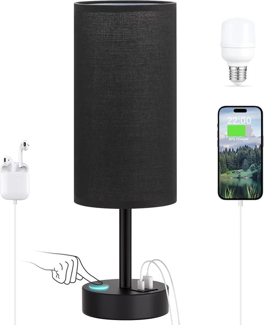 Dicoool Bedside Table Lamp for Bedroom - 3-Way Dimmable Touch Lamp, USB A+C | LED Bulb Included, 14" Small Nightstand Lamp for Desk, Living Room, Guest Room, Black Fabric Lampshade, Black Metal Base