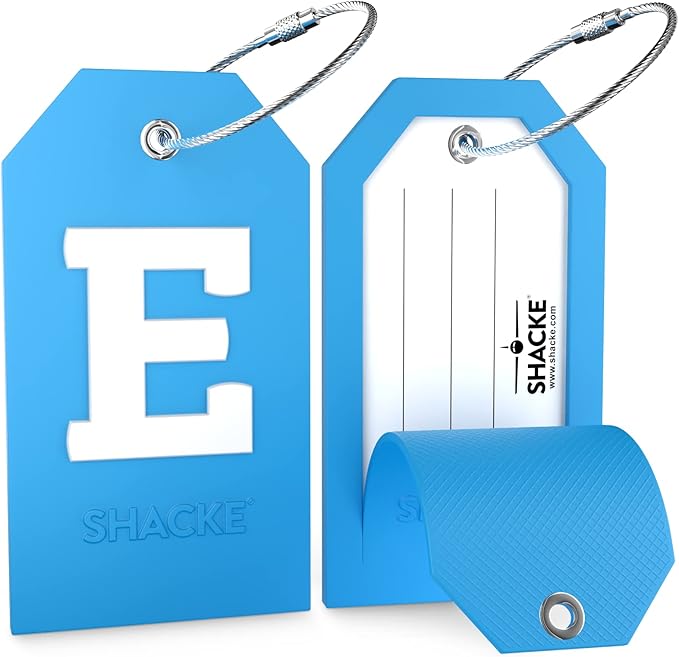 Shacke Initial Luggage Tag with Full Privacy Cover and Stainless Steel Loop - Aqua Teal (Letter E)