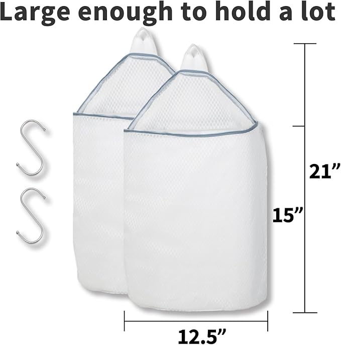 2Pcs Mesh Hanging Laundry Bags for Washing Machine, 15 X 12 inch Wash Bag for Clothes Delicates Lingerie with S Hooks