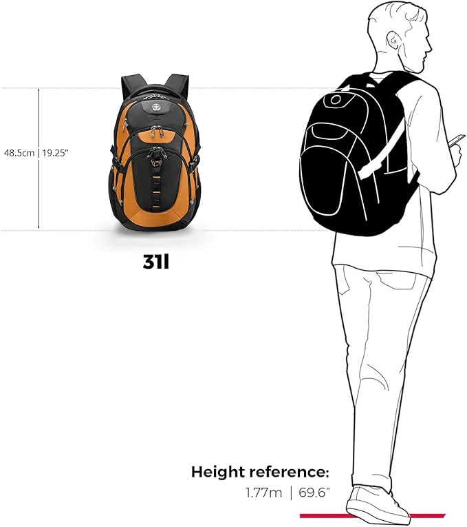 Swissdigital Design Laptop Backpack with USB Charging Port, Travel Backpack Fits 15.6 inches Computer, 31L College School Backpack for Men, Orange/Black | SD803-66