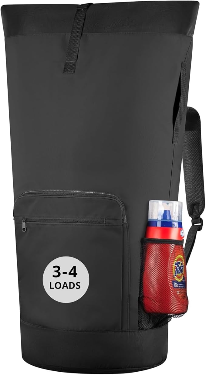 Laundry Backpack - XL Heavy Duty Laundry Bag Holds 3-4 Loads - Adjustable Straps, Drawstring Closure, Pockets & Handles - Durable Hamper for College, Travel & Laundromat - Black