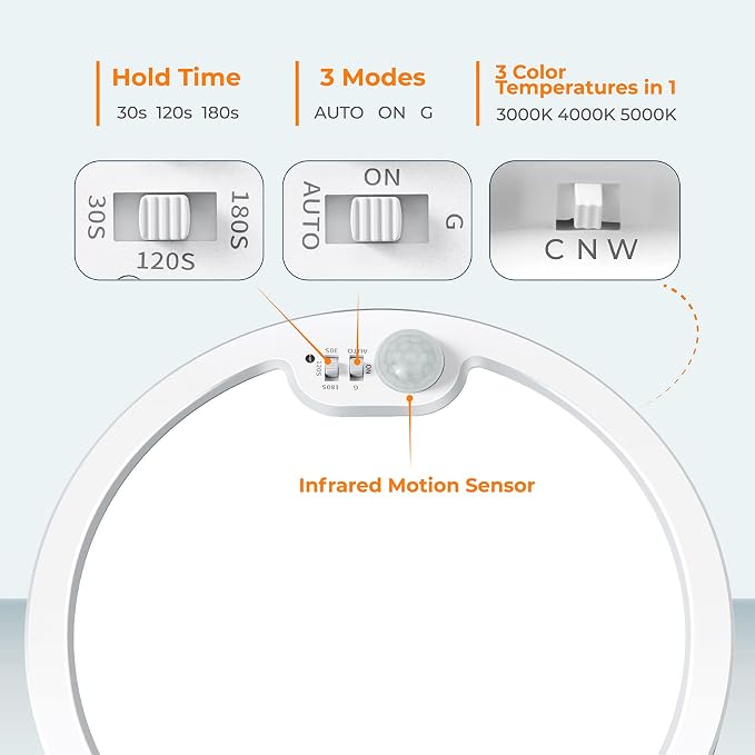 Motion Sensor Ceiling Light Wired, 8.7 Inch 3000K 4000K 5000K Selectable LED Flush Mount Light Fixture, Motion Activated Light with Timer for Hallway Stair Walk-in Closet, Non-Dimmable 1 Pack