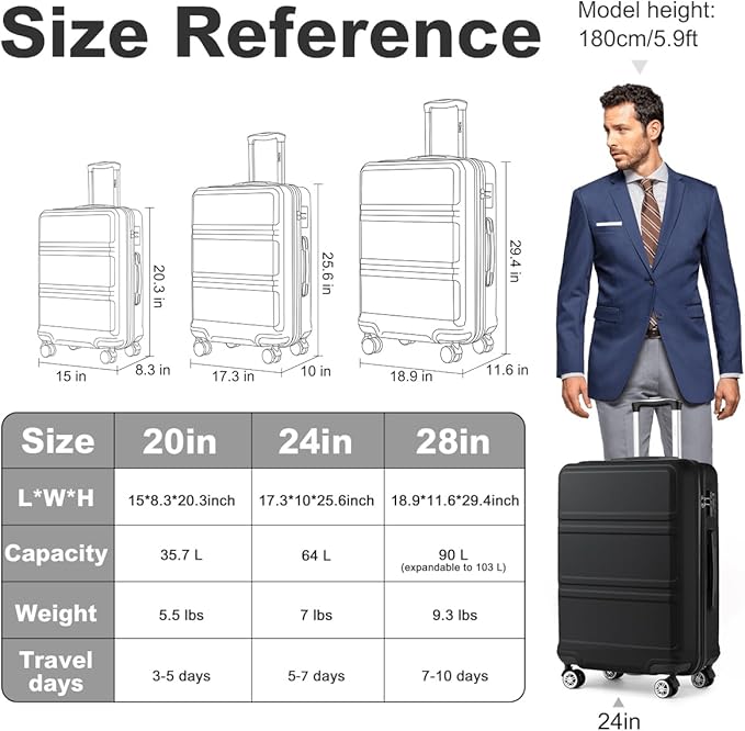 Kono 24 Inch Luggage Suitcase with Spinner Wheels TSA Lock Lightweight PC+ABS Hardside Medium Checked Luggage Durable Rolling Suitcase Black