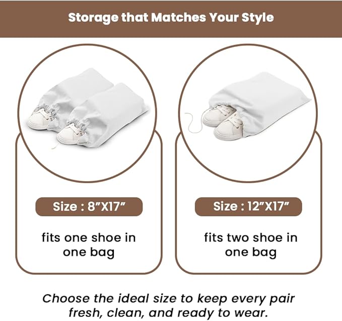 LFH Cotton Rich Shoe Storage Bags with Drawstring, Dustproof Breathable Reusable Organizer, Perfect For Travel, Dorm, Hotel, College, Gym, Easy to Carry, Machine Washable 8"x17" (Pack of 2) - White