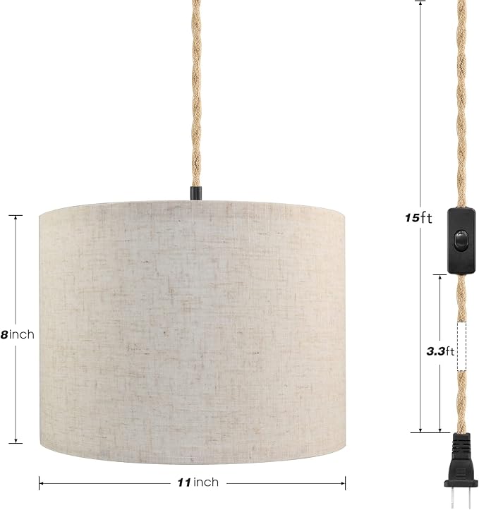 KUAUGST Plug in Pendant Light, Hanging Lights with Plug in Cord, Hanging Lamp with 15ft Hemp Rope, On/Off Switch, Beige Linen Shade, Light Fixture for Bedroom, Living Room, Dining Table 2 Pack