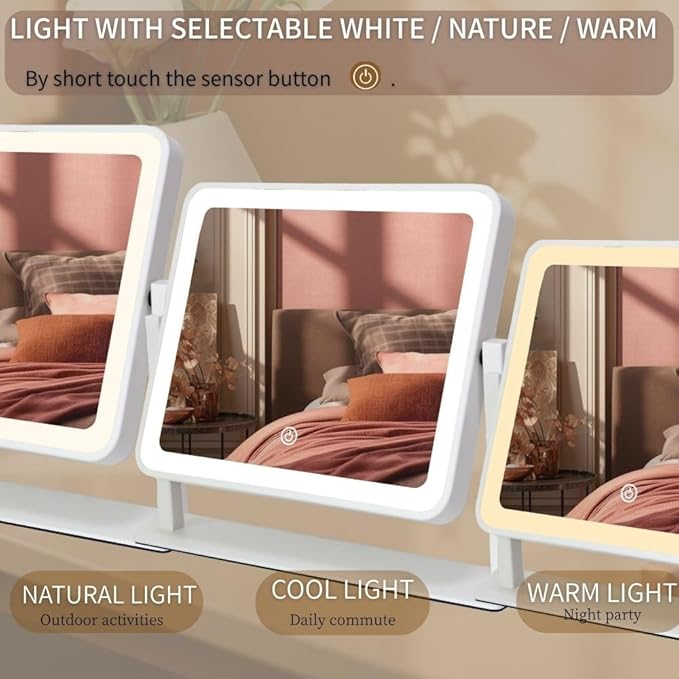 12"x14" LED Vanity Mirror with Lights, 3-Color Dimmable Touch Control, Large Lighted Makeup Mirror, USB-Rechargeable Cordless Design, Sturdy Metal Frame, Oversized Tabletop Mirror, Gift-Ready