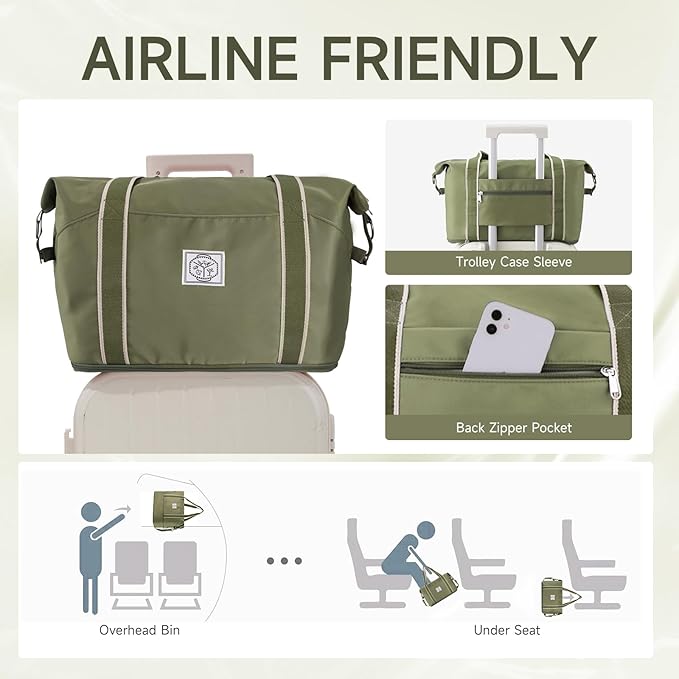 WALNEW Travel Duffel Bag, Weekender Overnight Carry On Bag for Women Men, Foldable Waterproof Gym Luggage Duffle Bag with Metal Buckle Detachable Shoulder Strap and Wet Compartment (Army Green)
