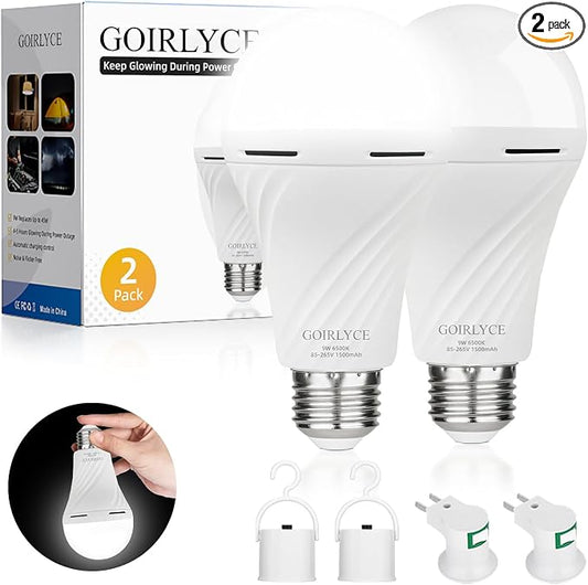 2Pack Emergency Rechargeable Light Bulbs Battery Operated Light Bulb | White 9W E27 6500K 1500mAh, Equivalent Self-Charging LED Light Bulbs for Home, Camping, Hiking Hurricane