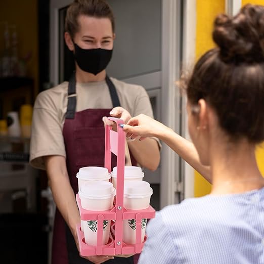 Bodaon 4 Cup Drink Carrier with Handle, Plastic Cup Carriers for Drinks, Drink Holder for Car, Take Out Delivery Drivers Accessories, Portable Foldable Reusable Mobile, Use for Food Delivery Bag, Pink