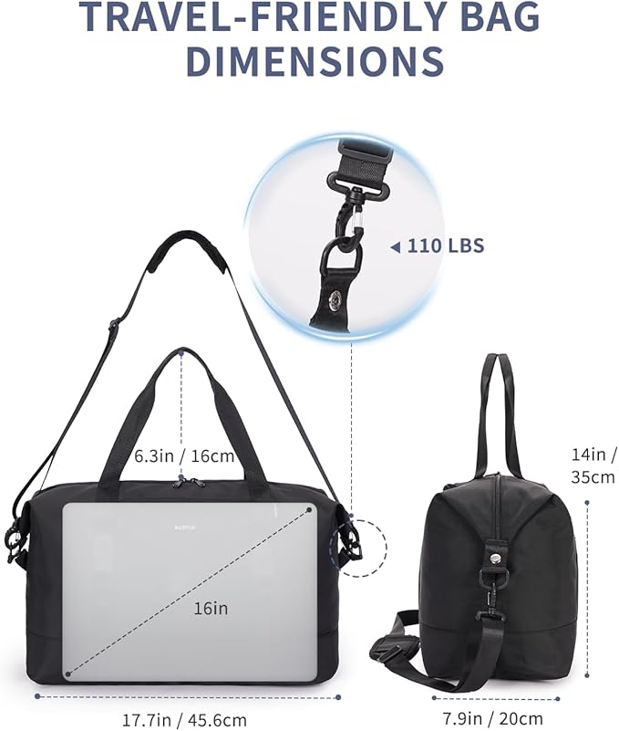 ECOHUB Travel Duffel Bag, Water Resistant Weekender Bag Carry On Bags for Women, Sport Gym Bags for Men, Hospital Bag for Labor and Delivery, Overnight Bag Luggage Bag with Trolley Sleeve, 30L Black