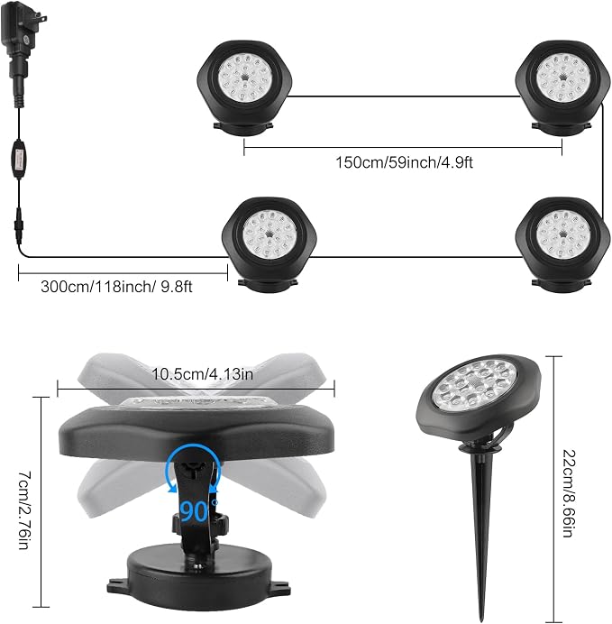 RGBW Pond Lights with Timer, 18 LED Super Bright Underwater Submersible Fountain Lights Color Changing Spotlights, Remote Control IP68 Waterproof for Fish Aquarium Tank Pool Garden(Set of 4)