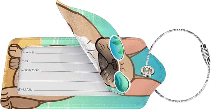 Cute French Bull Dog 2 Pcs Luggage Tags, Privacy Cover Id Label with Stainless Steel Loop and Address Card for Suitcases & Travel Bags