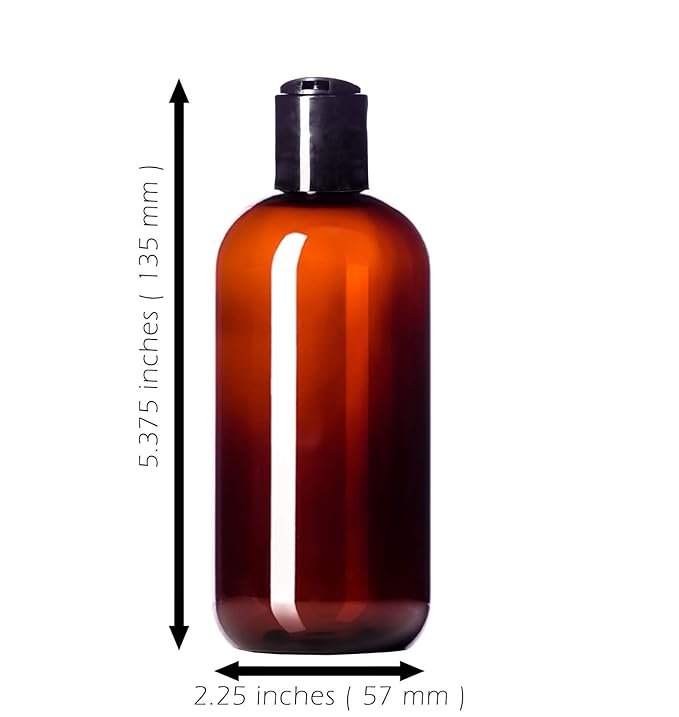 8oz Plastic Amber Bottles (6 Pack) BPA-Free Squeeze Containers with Disc Cap, Labels Included