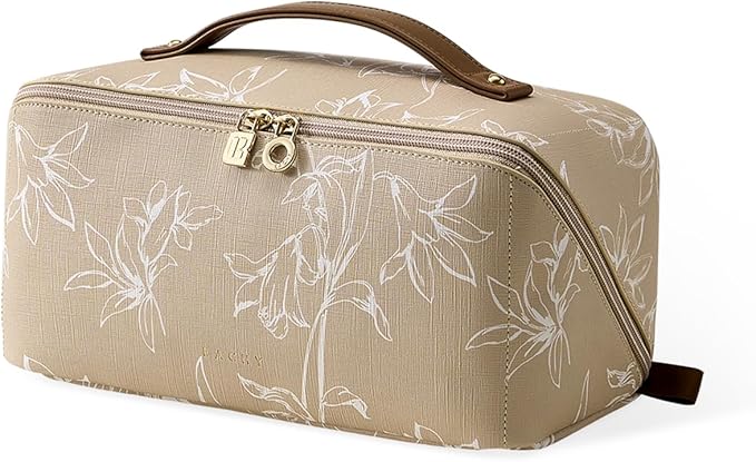 EACHY Travel Makeup Bag, Large Capacity Cosmetic Bags for Women, Waterproof Portable Pouch Open Flat Toiletry Bag Pattern Makeup Bag (F-Brown)