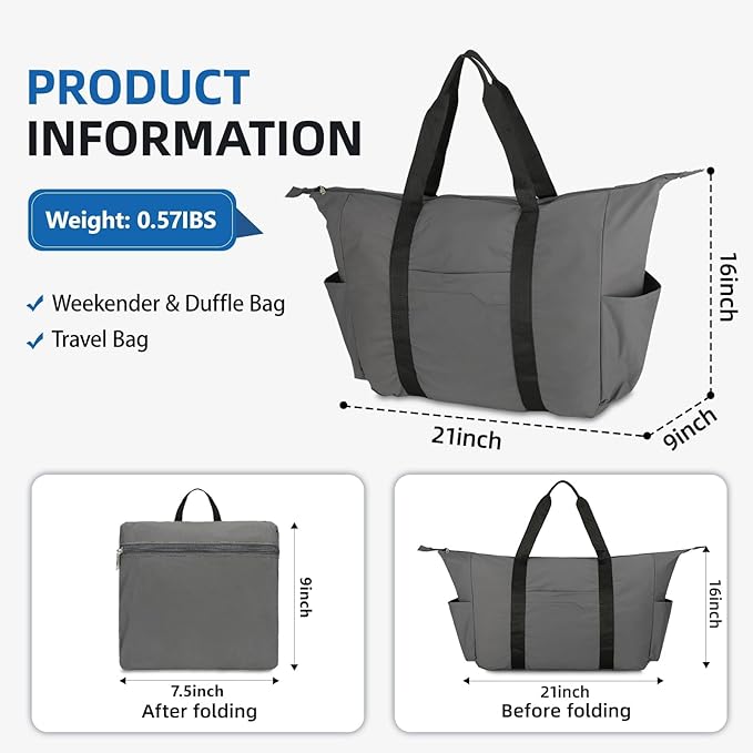 50L Foldable Duffle Bag, Lightweight Travel Duffel Bag with Tear Resistant for Men Women, gray