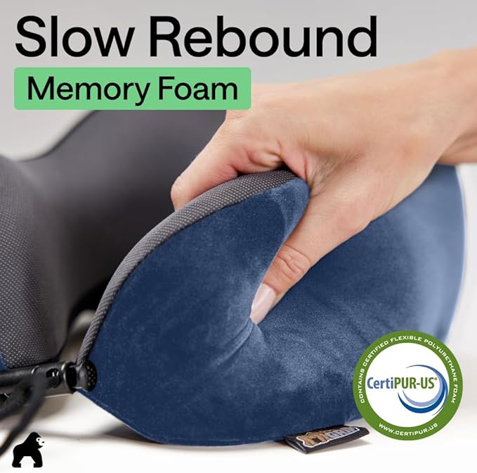 GORILLA GRIP Adjustable Travel Neck Pillow for Airplanes, CertiPUR-US® Memory Foam, Soft Velvet, Cooling Mesh Pillows, Support Headrest for Sleeping, Traveling Essentials Flight Accessories Navy Blue