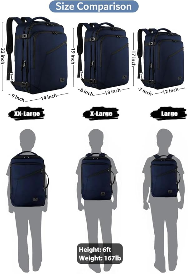 MATEIN Weekender Backpack, Large Capacity Travelling Suitcase Backpack with Strap for Clothes, Expandable Flight Approved Business Carry on Daypack for International Travel, Blue