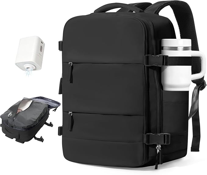 Vacuum Travel Backpack with Pump Women,Personal Item Carry on Backpacks Flight Approved 18x14x8 inches Men,Laptop Waterproof Work Compression bags Casual Daypack Mochila de Viaje Compresion al Black