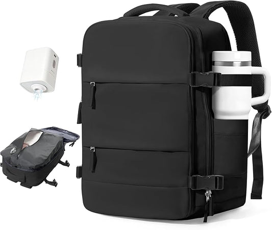 Vacuum Travel Backpack with Pump Women,Personal Item Carry on Backpacks Flight Approved 18x14x8 inches Men,Laptop Waterproof Work Compression bags Casual Daypack Mochila de Viaje Compresion al Black
