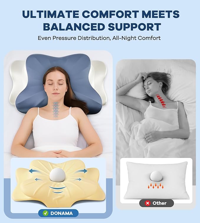 DONAMA Cervical Pillow for Neck and Shoulder Pain Relief, Cooling Contour Memory Foam Pillow, Dual-Height Ergonomic Neck Support Pillow for Side Back Stomach Sleepers with Removable Pillowcase